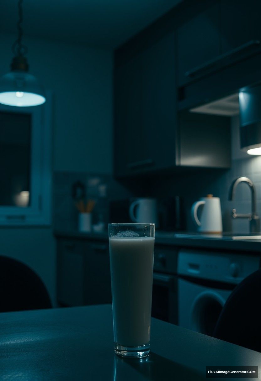 At a modern kitchen, at midnight, with gloomy lighting from a lamp, fresh milk in a glass on a table.