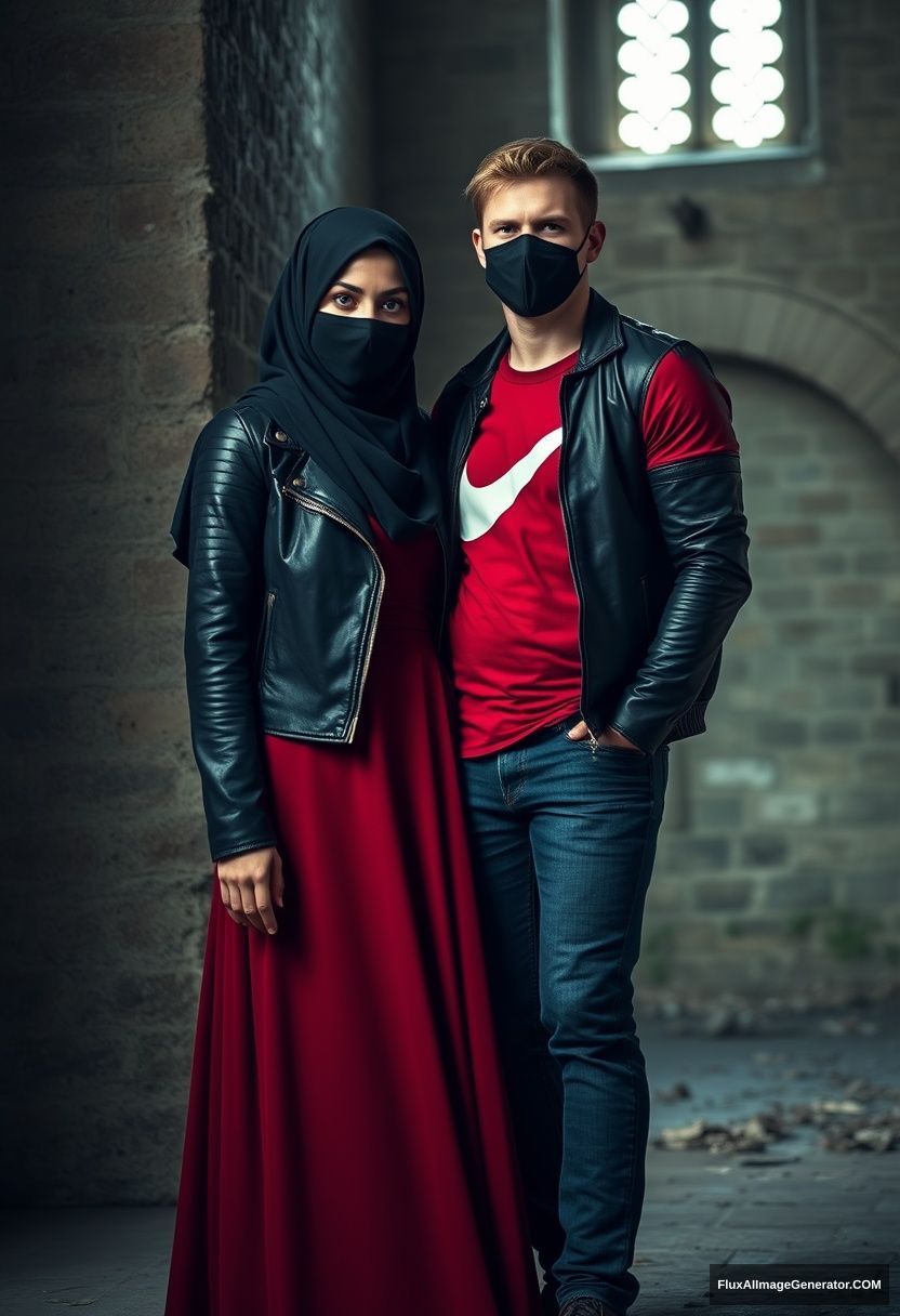 A big black hijab girl, beautiful eyes, black face mask, black leather jacket, the longest and biggest red dress, not tall,

Jamie Dornan, handsome, black face mask, fit and tough body, Nike red t-shirt, black leather jacket, jeans, tall man, standing lean against the wall together

Hyper-realistic, photorealistic, studio photography, Victoria's abandoned castle, gloomy, darkness.