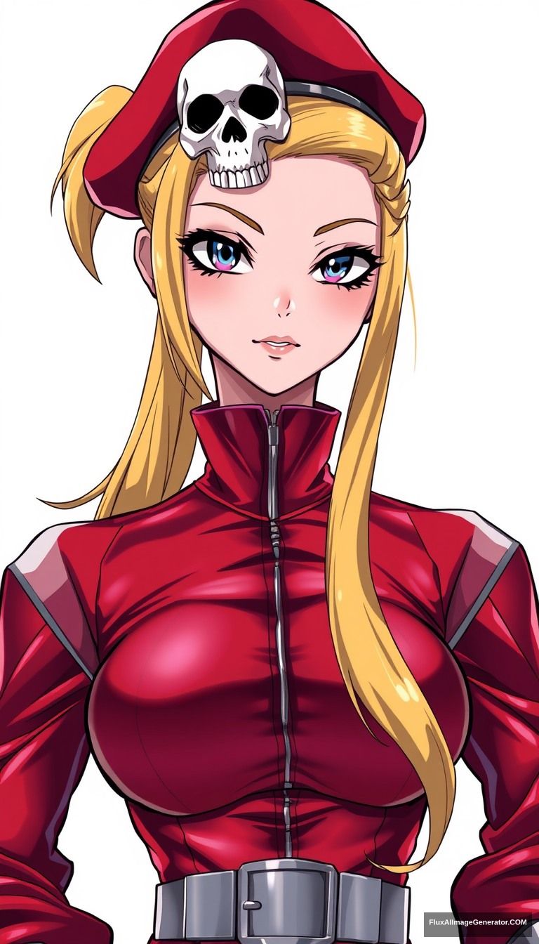 female, Feel like a villain, Long face shape, anime style, super glamorous space female pirate wearing a beret with skull decoration on head, Clothes made of shiny vinyl, red spacesuit, Ponytail Hairstyles, full upper body, The background is a simple white color, gold hair color, Feel like a villain. - Image