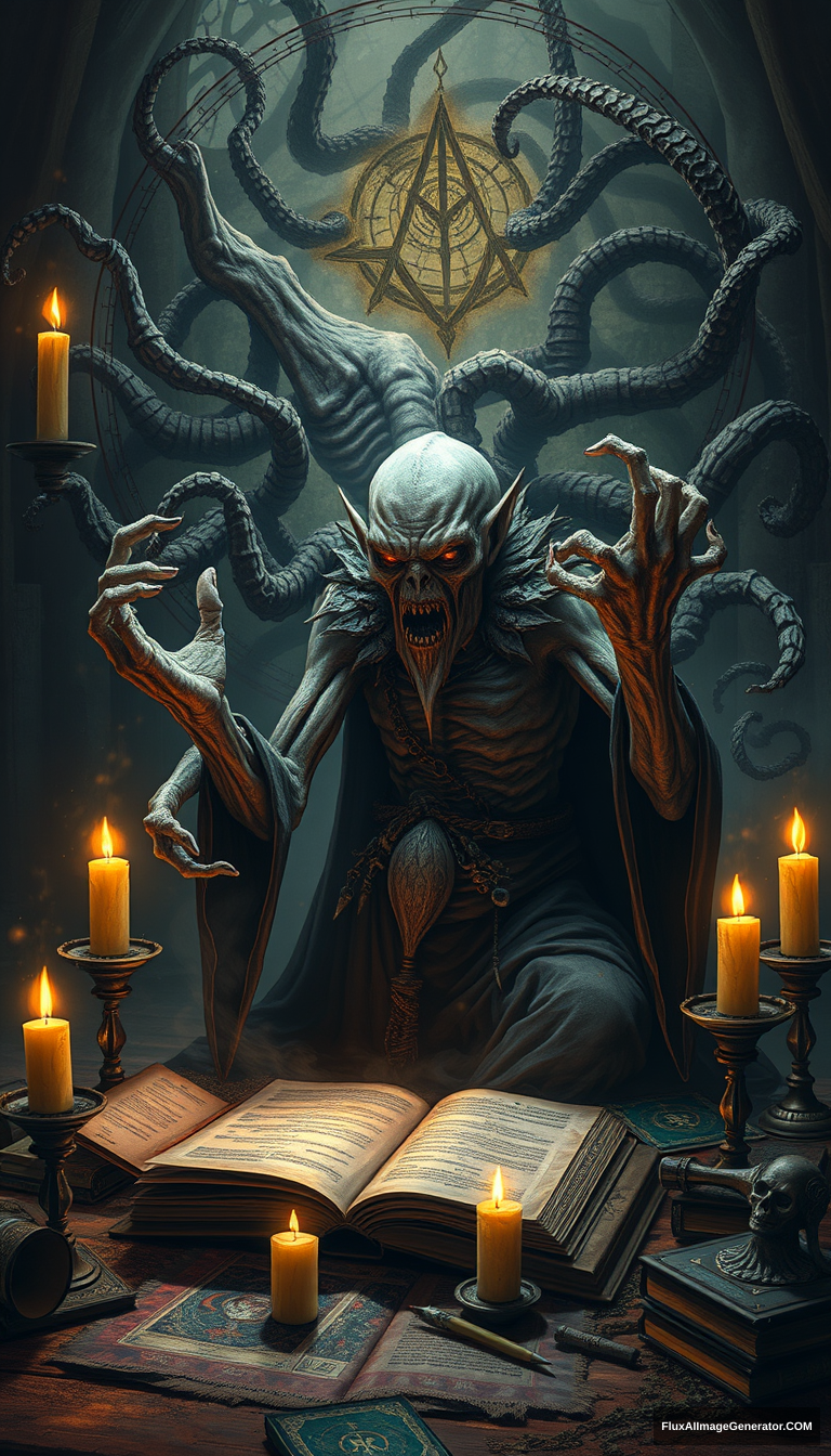 A grotesque human Necromancer, half-transformed into a lich, performs an intricate summoning ritual. Arcane sigils fill the air, surrounded by flickering candles. Dark tendrils of necromantic energy swirl, merging fantasy and horror. Ancient tomes and occult artifacts scatter the shadowy chamber.