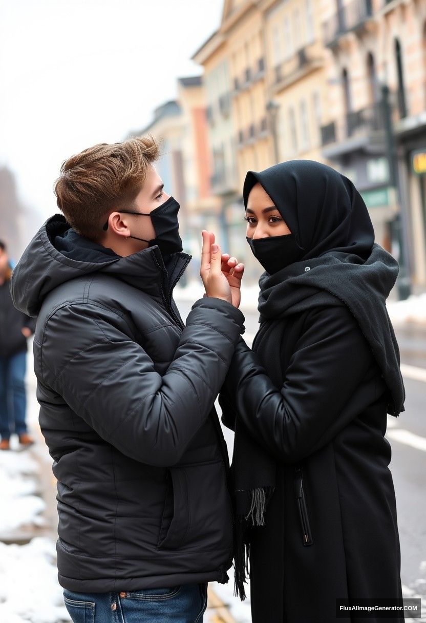 Jamie Dornan, handsome, young, black face mask, snow jacket, jeans, dating a beautiful Muslim girl in a big black hijab, with beautiful eyes, black face mask, black leather jacket, in a winter scenery, standing together near the road in town, pinching each other's cheeks, photorealistic, street photography. - Image