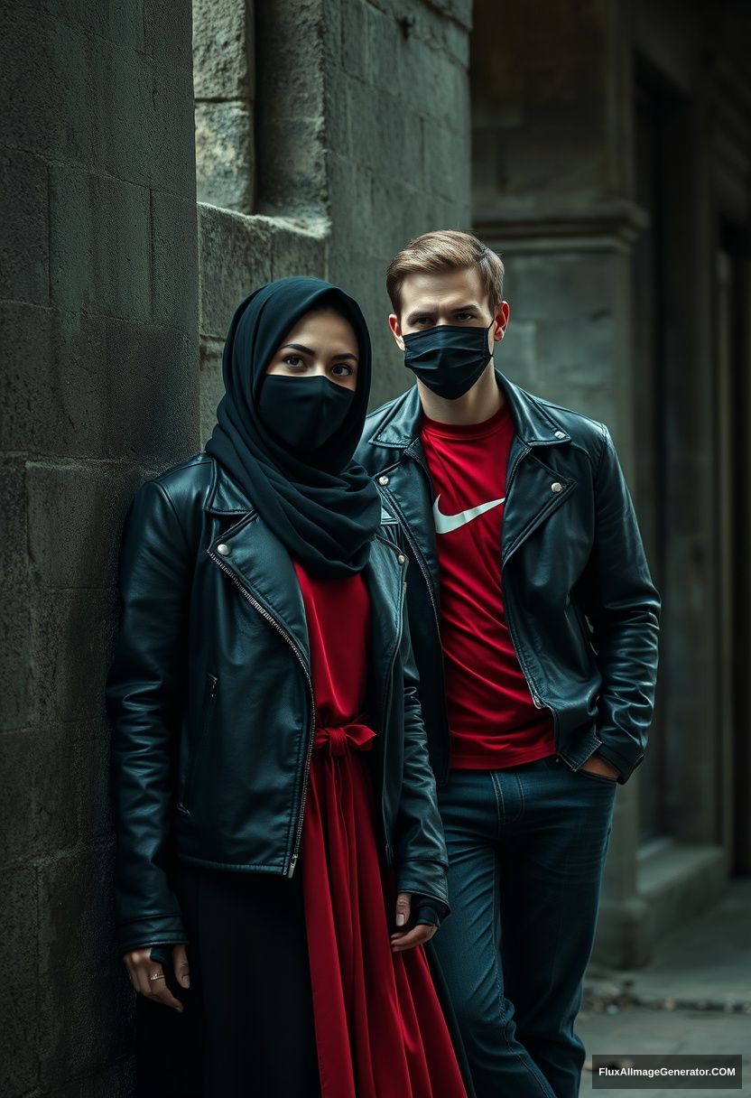 A big black hijab girl, beautiful eyes, black face mask, black leather jacket, the biggest red longest dress, not tall,

Jamie Dornan, handsome, black face mask, fit and tough body, red Nike t-shirt, black leather jacket, jeans, tall man, leaning against the wall together 

Hyper realistic, photorealistic, studio photography, Victoria's abandoned castle, gloomy, darkness. - Image