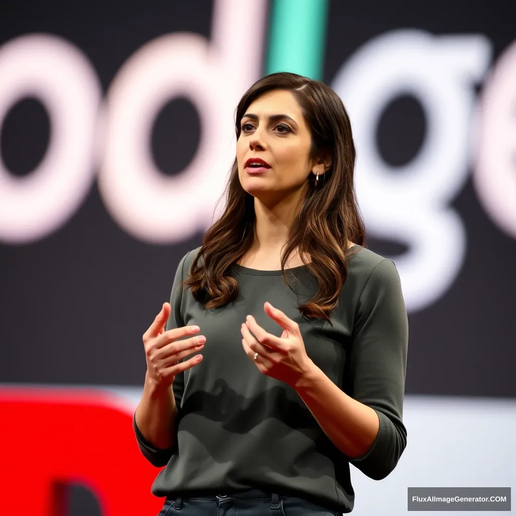 Woman speaking at Google conference, blurred Google logo in background, Canon 6D, realistic, TED, TechRadar. - Image