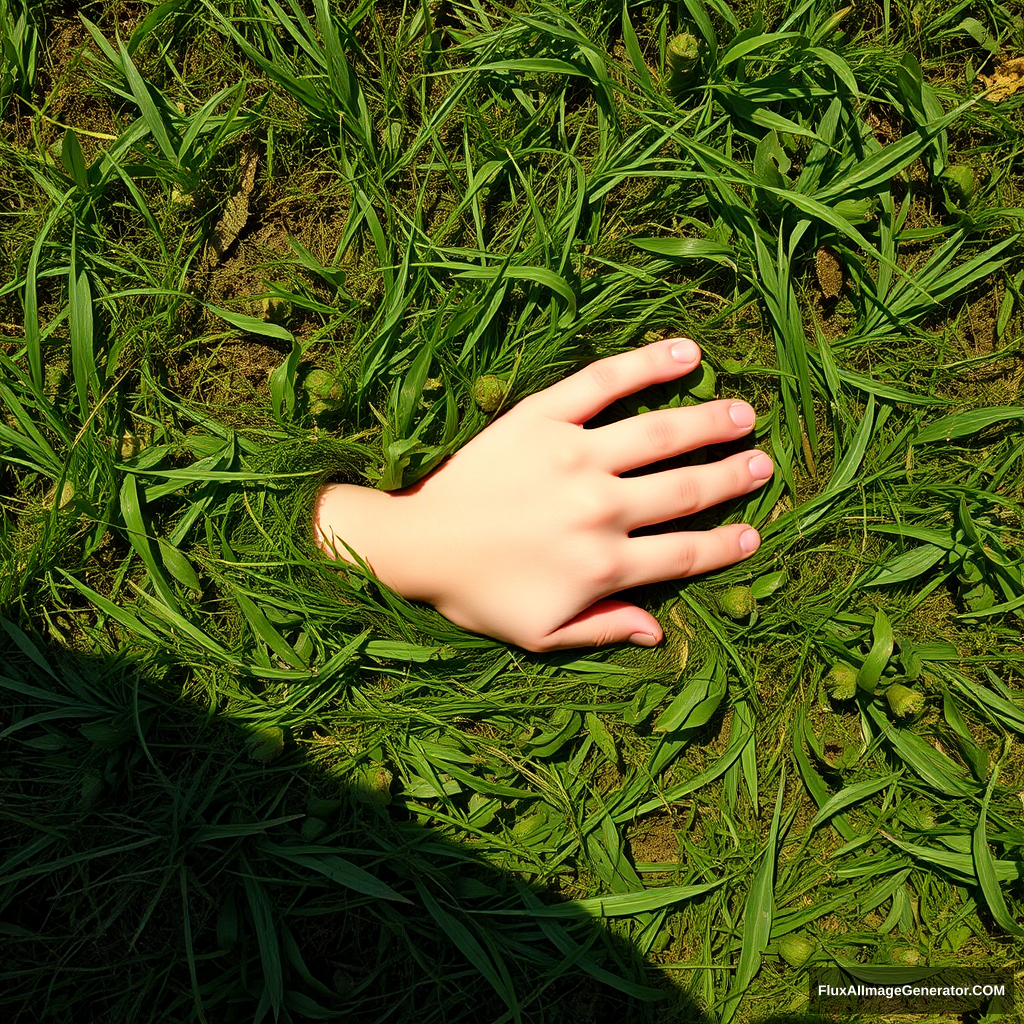 Epic realism, top view, A young hand touches the grass. Pale skin.