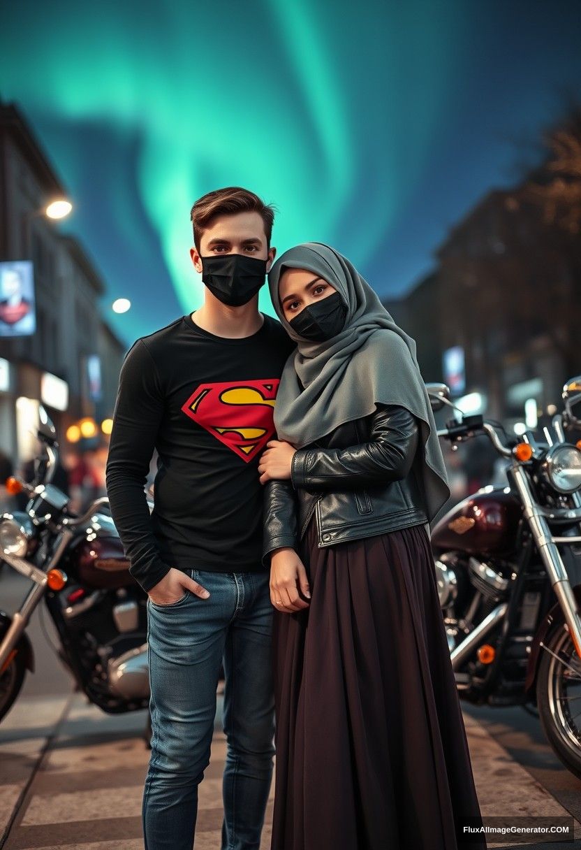 Jamie Dornan, tall, young, wearing a black face mask, a long-sleeve black Superman T-shirt, and jeans, is dating a beautiful Muslim girl in a grey hijab with beautiful eyes, also wearing a black face mask and a leather jacket, with a very long and voluminous skirt; she is not tall. They are laying against each other’s shoulders and standing near motorbikes for a photo shoot, specifically a Harley Davidson model, in town. The scene is photorealistic, capturing street photography at night with an aurora borealis in the background.