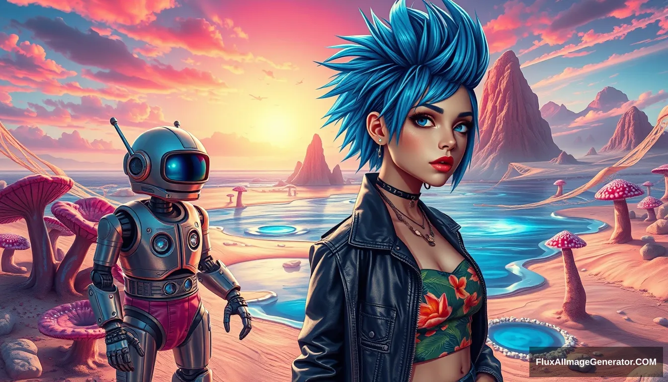 A vivid, high-contrast scene features a punk girl with electric blue spiky hair rendered in the intricate style of Enki Bilal with ray tracing effects. Photo: Digital painting of a vivid, high-contrast scene features a punk girl with electric blue spiky hair and a leather jacket, beside a charming retro-futuristic robot in Hawaiian shorts, on a surreal alien beach adorned with iridescent fungi and shimmering lakes, all beneath a vibrant, dreamlike sky. - Image