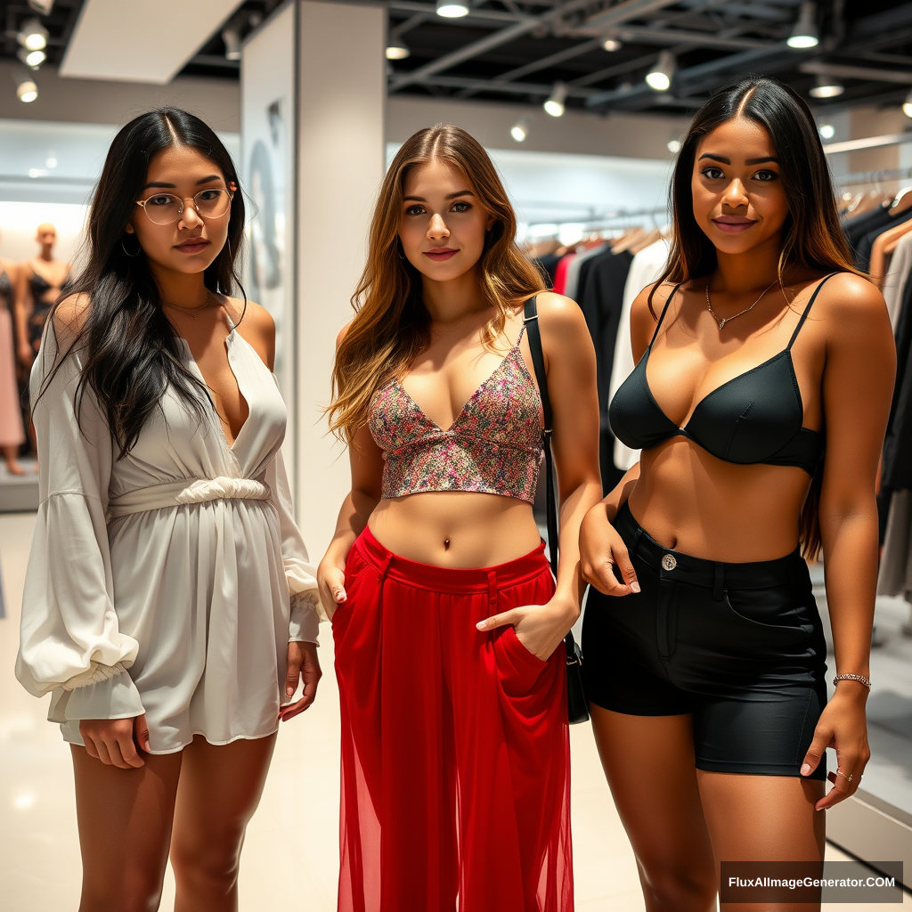 Three skinny, big-swollen-bloating-chested female college students, each from different ethnic backgrounds, are trying on party clothing in a store. The camera angle should be looking down from above slightly.