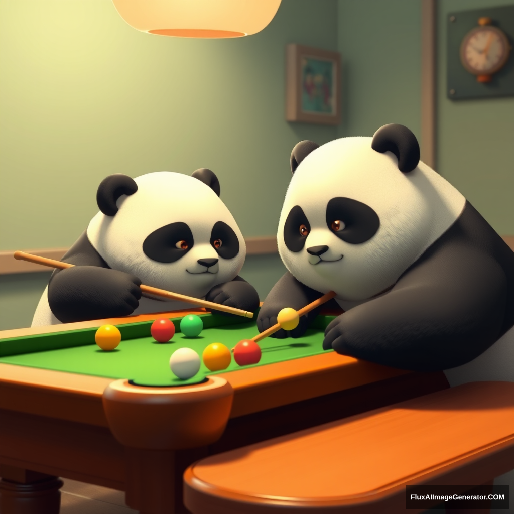 Two fat pandas playing pool, c4d.