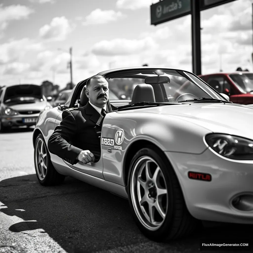 Hitler in a Mazda Miata at a tuning spot