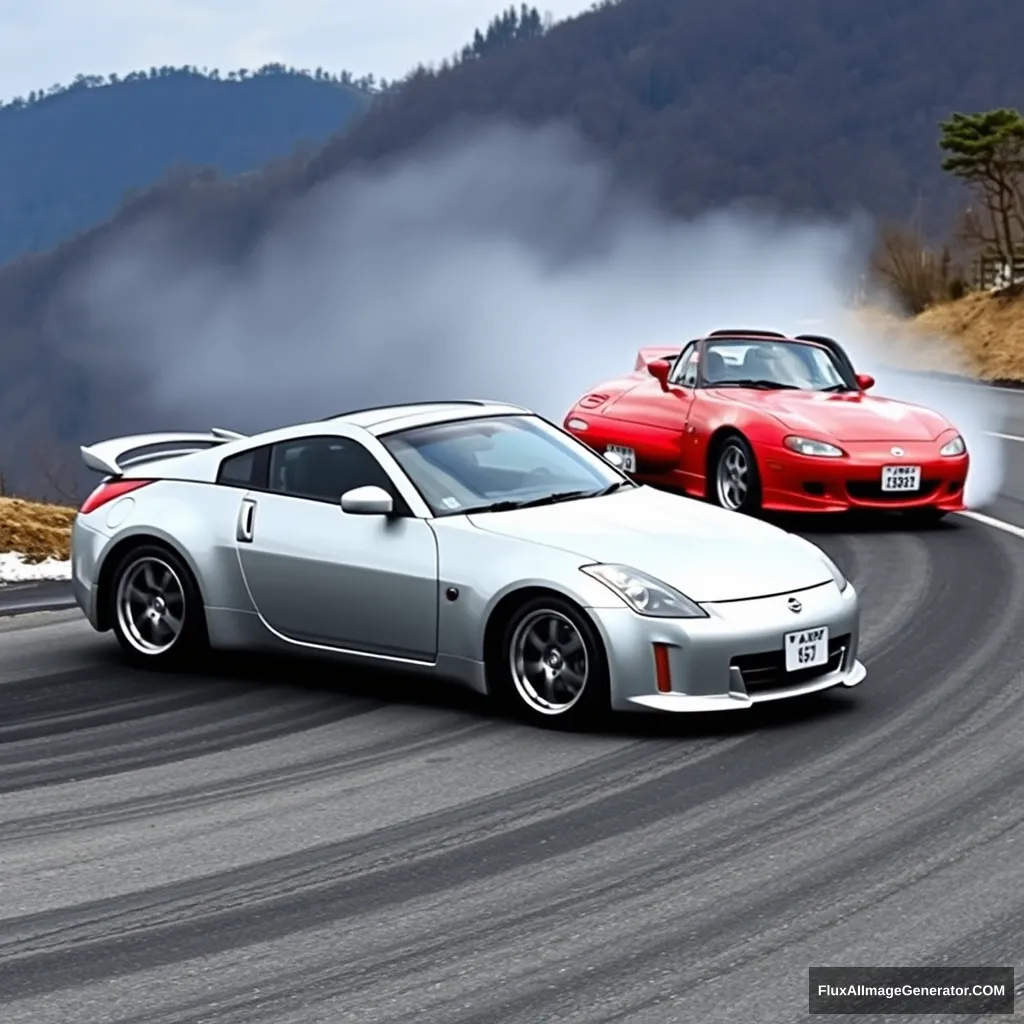 Create an image of a silver Nissan 350z and a red first generation Mazda Miata drifting on a Japanese mountain. - Image