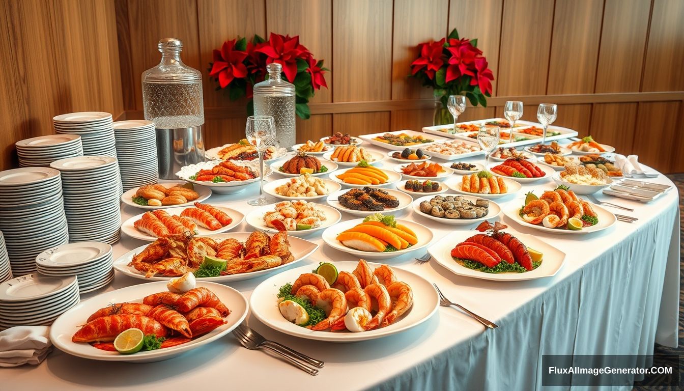 "Photograph of a five-star buffet setup featuring a variety of elegant seafood dishes on a long table covered with a white tablecloth. The table includes luxurious plates of seafood salads, shrimp rolls, grilled fish, and assorted sushi, with high-end stainless steel utensils and crystal glassware neatly arranged. There are stacks of fine china plates and bowls, but fewer in quantity, on the left side, along with high-quality napkins. Additionally, there are two elegant glass water dispensers commonly used in buffet settings. The background features a wooden panel wall with festive red poinsettia plants adding a touch of elegance. The image is captured with a professional camera by a journalist, ensuring sharp focus, rich colors, and perfect composition, highlighting the sophistication and realism of the premium dining experience." - Image