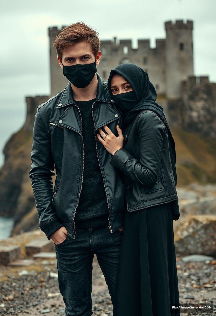 Jamie Dornan's head and body shot, handsome, youngest, black face mask, black leather jacket, jeans, dating, love with the biggest black hijab Muslim girl, not tall, beautiful eyes, face mask, maroon leather jacket, biggest black skirt, hyper-realistic, studio photography, full body photo, exploring at an abandoned castle, at sea, gloomy scenery.