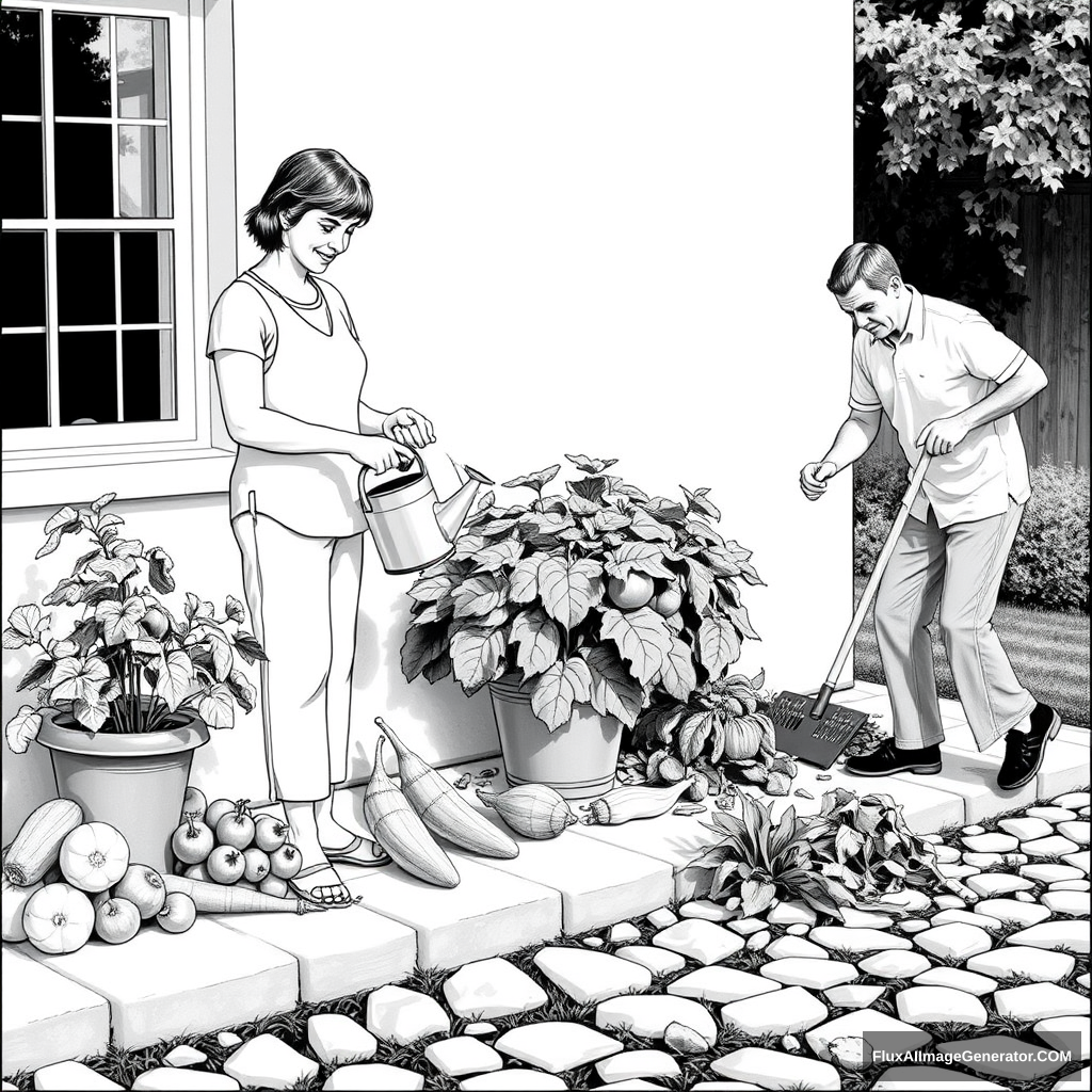 Black and white picture  
She's watering a potted plant.  
Some vegetables have been piled beside the window.  
He's raking some leaves.  
Some stones form a driveway. - Image