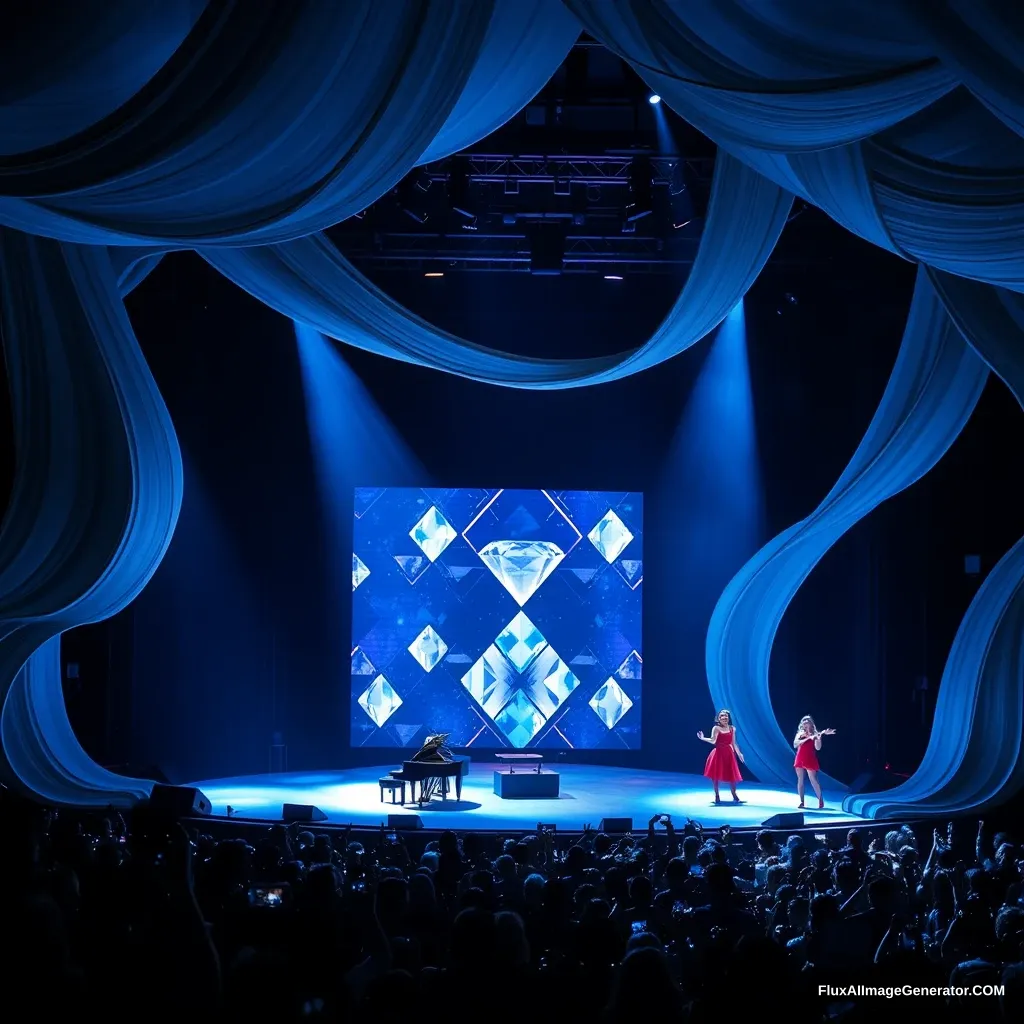 stage with winding silk strips, central LED screen inspired by diamond shapes, piano, dancers, singers, dark blue light, sparkling lights, vibrant audience