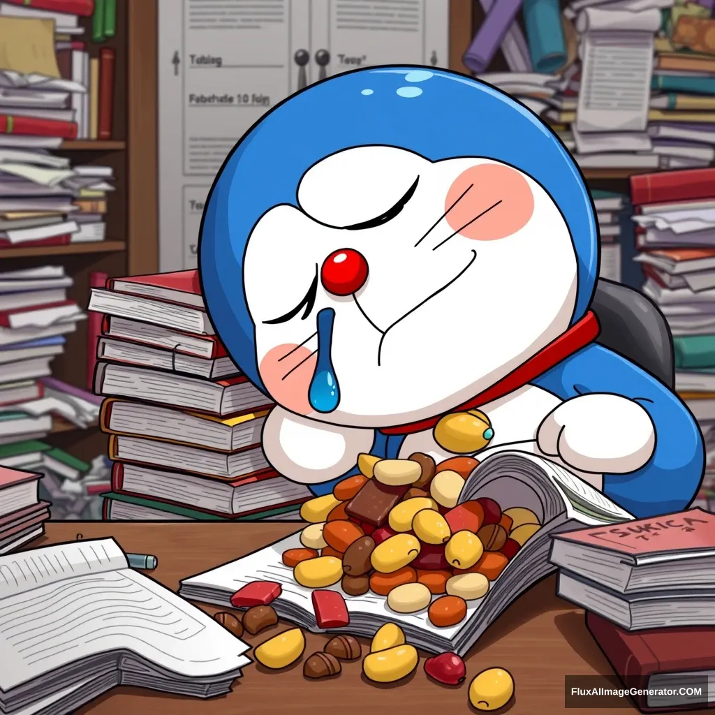 Doraemon, with his head resting on a pile of textbooks, is fast asleep at his desk. A single tear rolls down his cheek, leaving a trail of blue ink on the page. His pocket is wide open, revealing a pile of delicious snacks that he was supposed to be studying for. The room is filled with a chaotic mess of books, papers, and unfinished snacks, creating a humorous and relatable scene. - Image