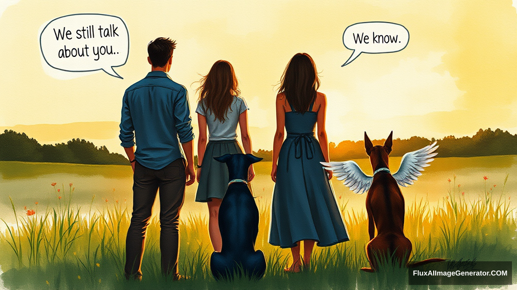 Messy, expressive watercolor illustration: 4 silhouetted figures—2 male, 2 female—stand in a lush meadow at golden hour. 3 ethereal, winged dobermans sit beside them. Facing away from the viewer. Speech bubbles float above: "We still talk about you" (human), "We know" (dog). Nostalgic atmosphere, loose brushstrokes convey wistful longing. - Image