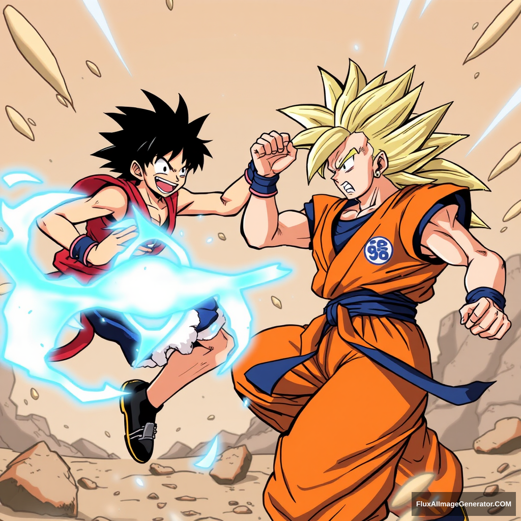 "Monkey D. Luffy Gear 5 and Goku battle."