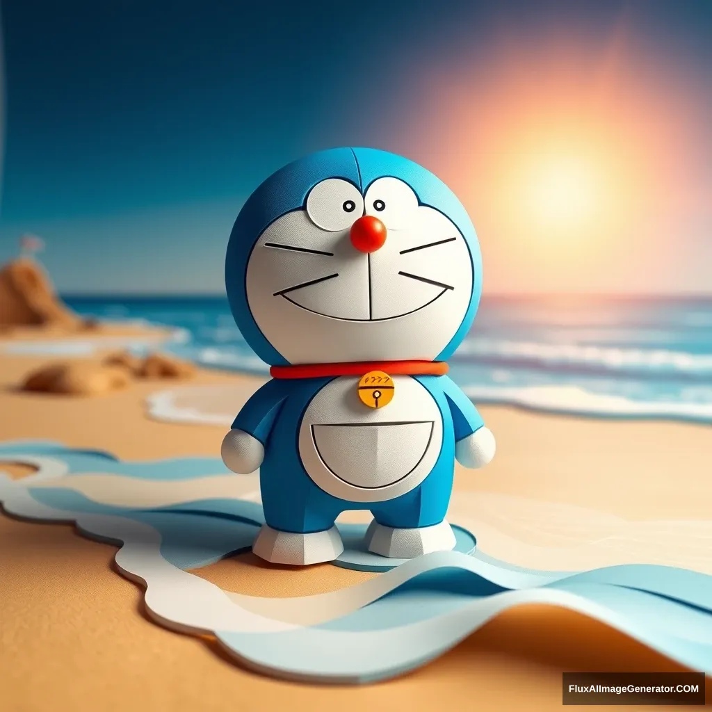 The adorable blue robotic cat Doraemon stands on the beach, gentle waves lapping at his feet. The bright sunlight shines overhead, casting long shadows across the scene. The image is presented in a 3D paper craft style, with intricate folds and layers giving the scene a tactile quality. Doraemon's iconic round body is meticulously crafted, with every detail—from his whiskers to the stitching on his pocket—carefully rendered. The beach is made from layered paper with realistic textures and subtle color variations that mimic shifting sands. The waves are crafted from translucent blue paper, capturing the movement and texture of the ocean. The distant horizon is created with gradient blue paper, suggesting a vast open sky. The scene is bathed in warm, sunny light, giving the paper craft a sense of life and vibrancy. - Image