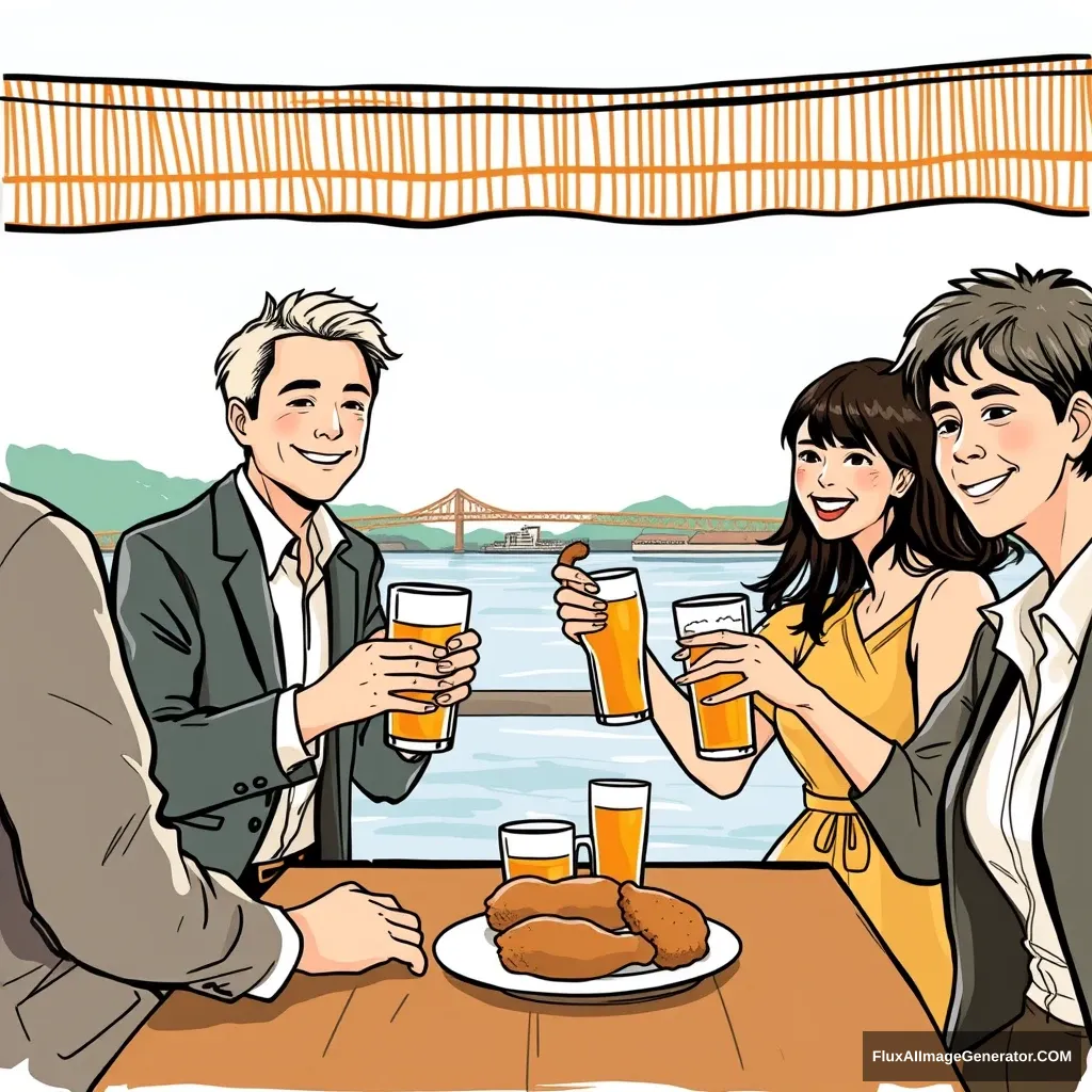 A company of Asian descent is planning a gathering for 10 male and female employees in their 30s to 50s to enjoy cool beer and chicken on a hot summer day. Before the gathering, create a lively atmosphere with a cheerful sketch image instead of a realistic one. The background should feature a river or the sea. The clothing should have a slightly formal vibe. The colors should be subtle and not too bright. - Image