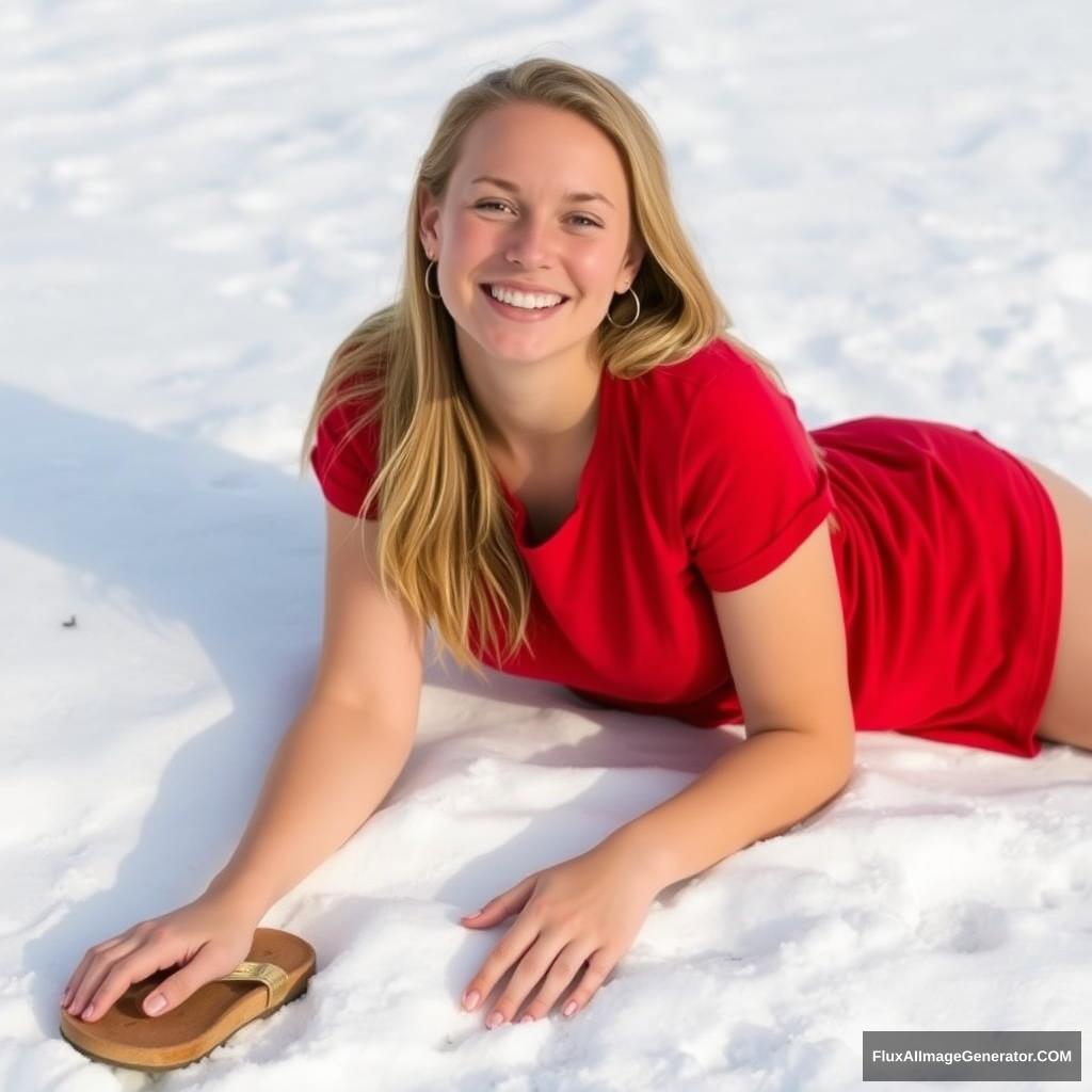 A very pretty 28-year-old Ally Hinson wearing a red t-shirt and sandals lying in the snow, happy.