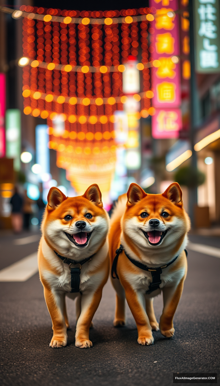 Two little Shiba Inu dogs are walking on the big street at night, with colorful lights everywhere; the night scenery is beautiful, the background is blurred, wide-angle, a masterpiece. - Image