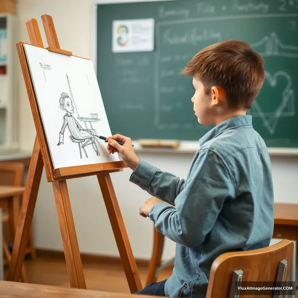 A boy drawing in the classroom, he is sketching in front of an easel. The content of the sketch is a still life.