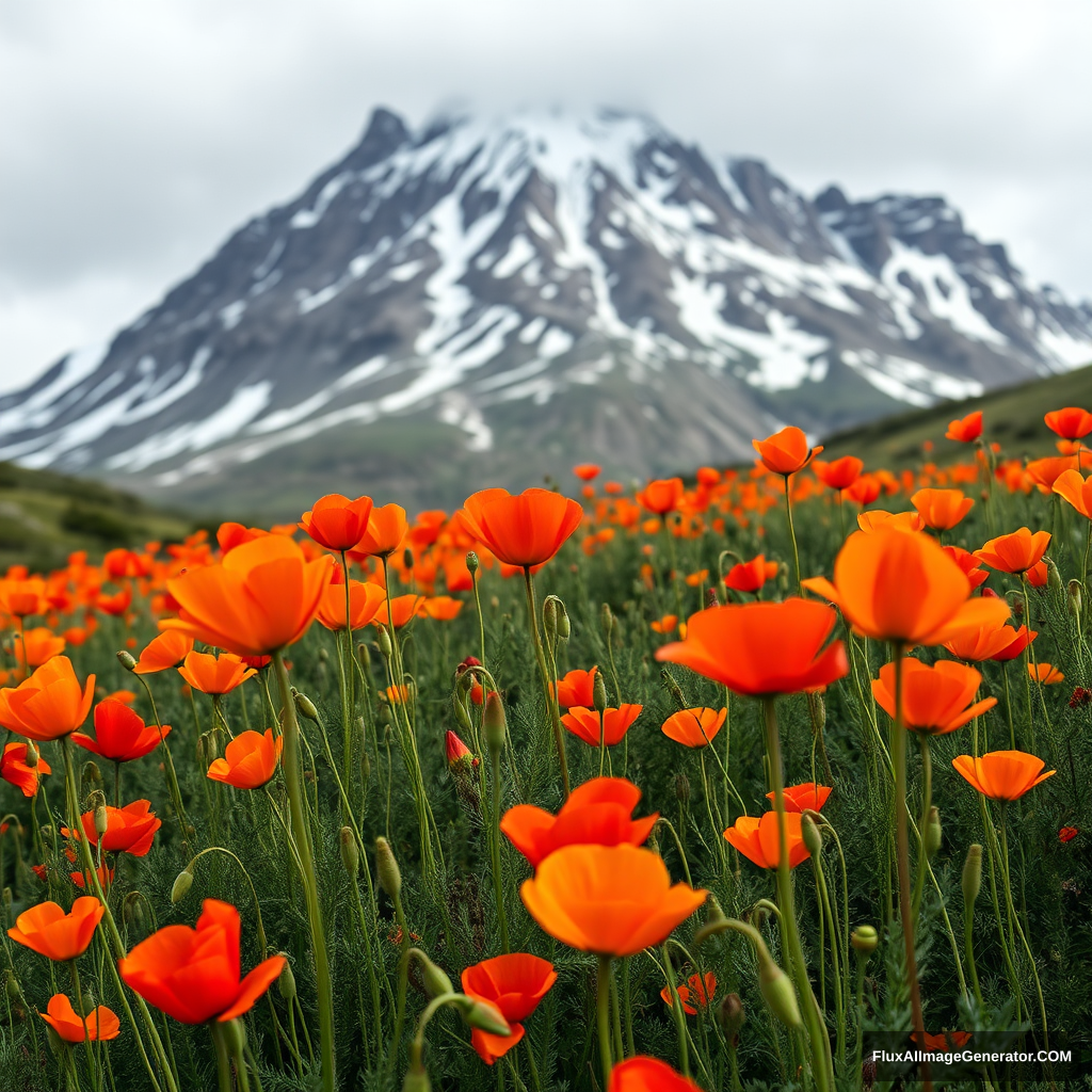 a mountain with snow on it and covered in poppies