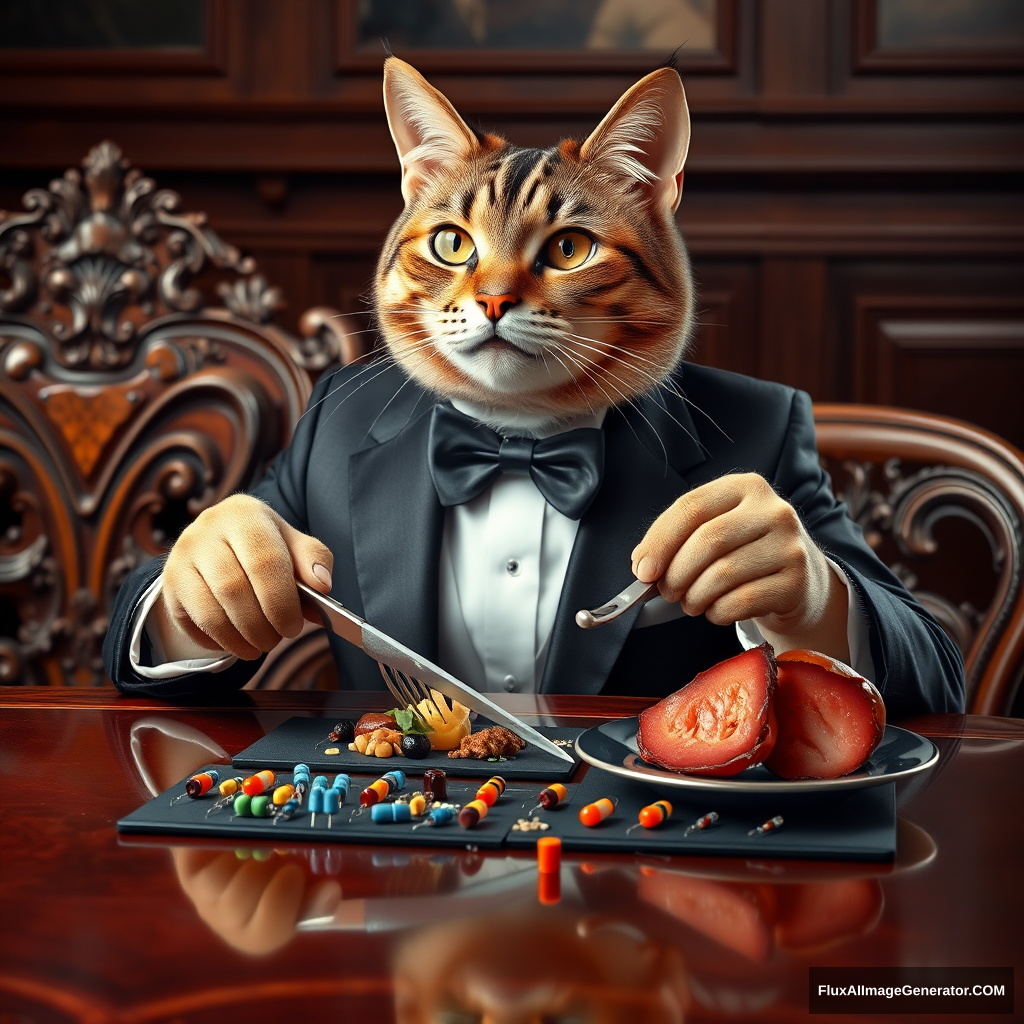 A sophisticated tabby cat, impeccably dressed in a tailored tuxedo, dines at an ornate mahogany table. It delicately wields a silver knife and fork, precisely manipulating an array of colorful surface mount capacitors and resistors arranged like gourmet cuisine. The hyper-realistic scene captures every whisker, reflecting.