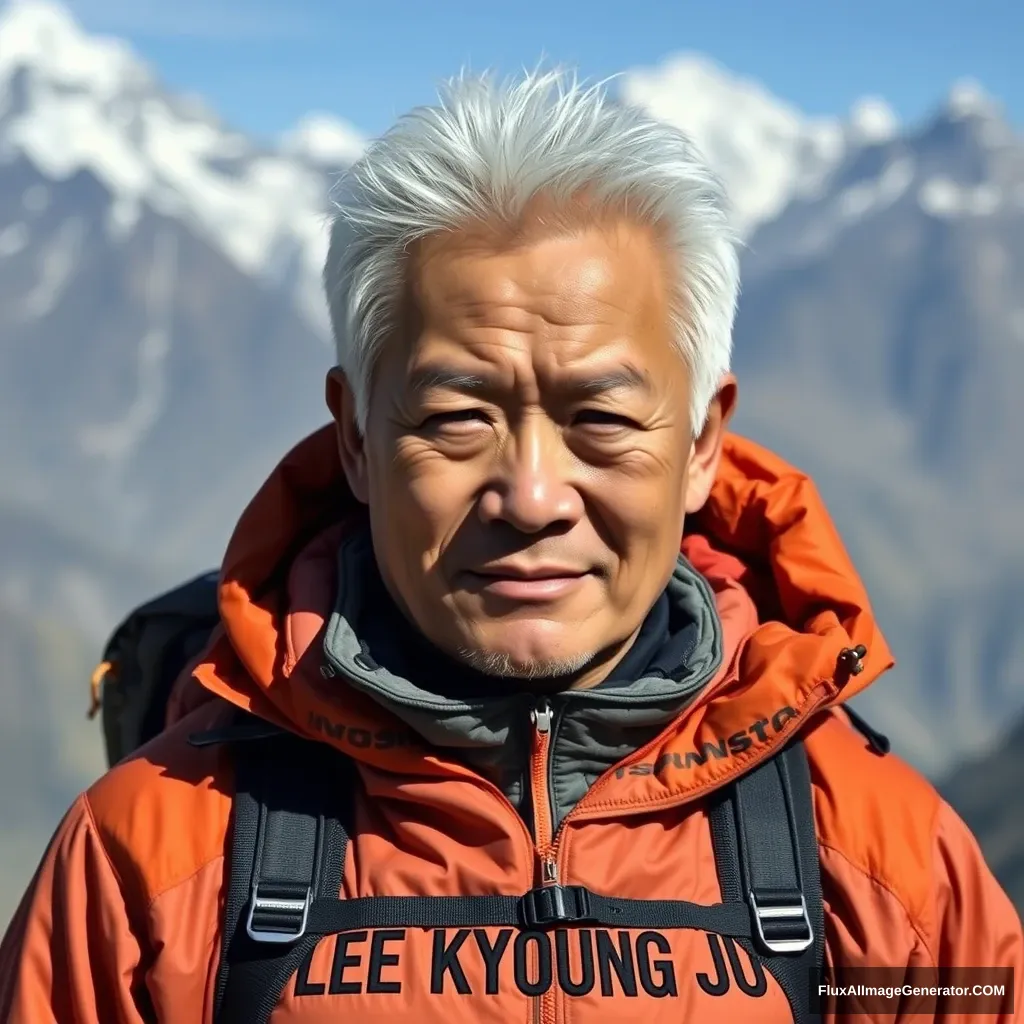 A 53-year-old Asian male with white hair. In front of him, there is a hiking outfit with the words "LEE KYOUNG JU" on it, set against the backdrop of the Himalayan mountains.