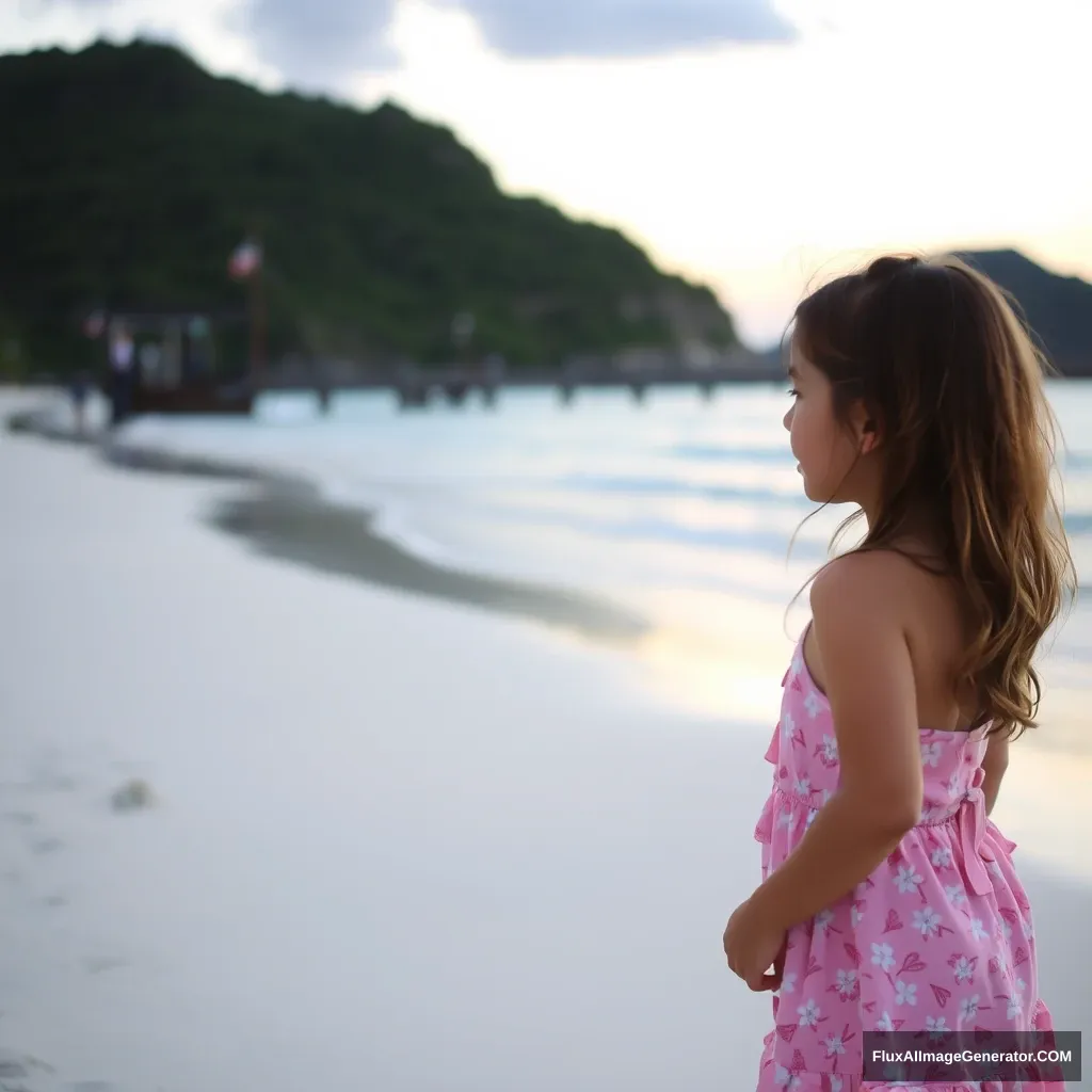 Girl on the beach, evening on white sand beach.