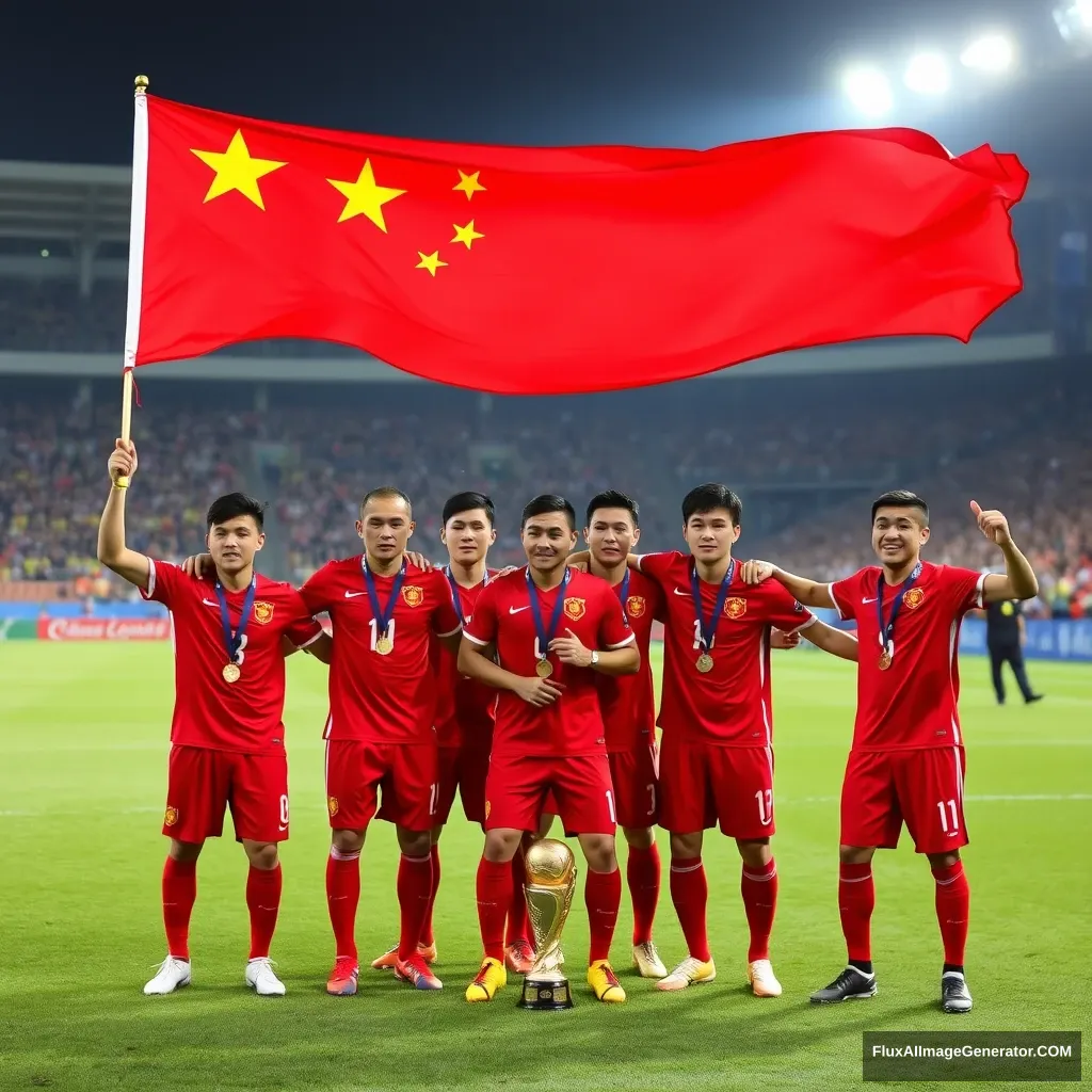 Chinese men's football team, World Cup winners, five-star red flag, Copa Libertadores. - Image