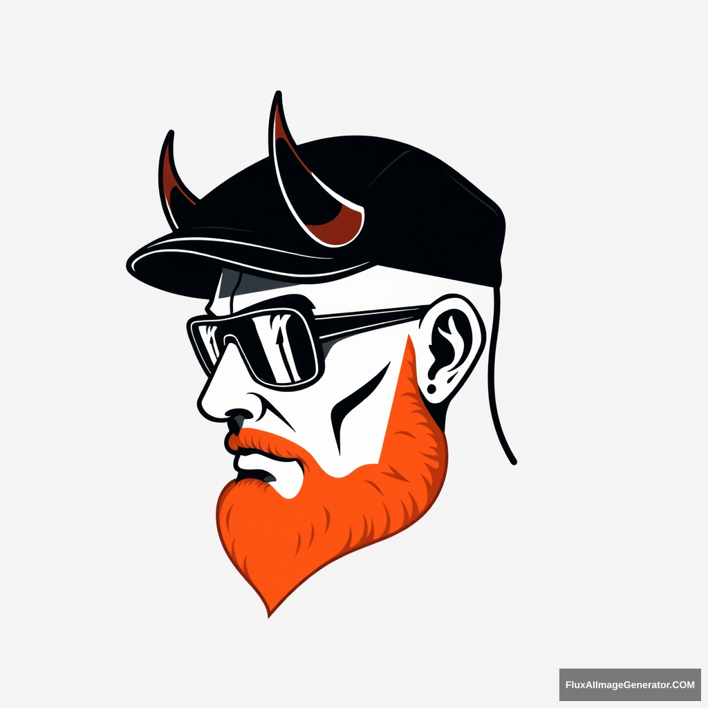 Sleek vector logo design: bald human male, three-quarter view, with demonic horns and short trimmed fiery ginger beard. Minimalist flat cap and aviator glasses. 3D printer layer lines texture. Monochromatic color scheme with bold negative space. Retro-futuristic feel, evoking 1980s cyberpunk aesthetics.