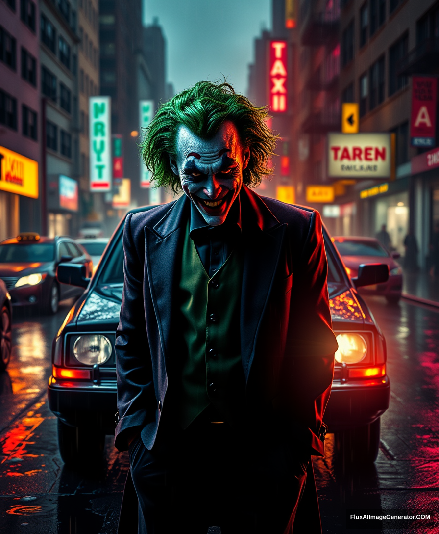 A striking conceptual art poster blending elements of both JOKER and TAXI DRIVER. The main character, a disturbed and troubled taxi driver, sports the iconic JOKER makeup, with a clown-like grin and bright green hair. He is standing in front of a dark taxi, its headlights casting eerie shadows on the wet streets. The background is a gritty, rain-soaked cityscape with neon lights reflecting off the puddles, creating a sense of urban decay and chaos. The overall ambiance evokes a dark, cinematic atmosphere, merging the worlds of these two iconic films., poster, 3d render, conceptual art, cinematic. - Image