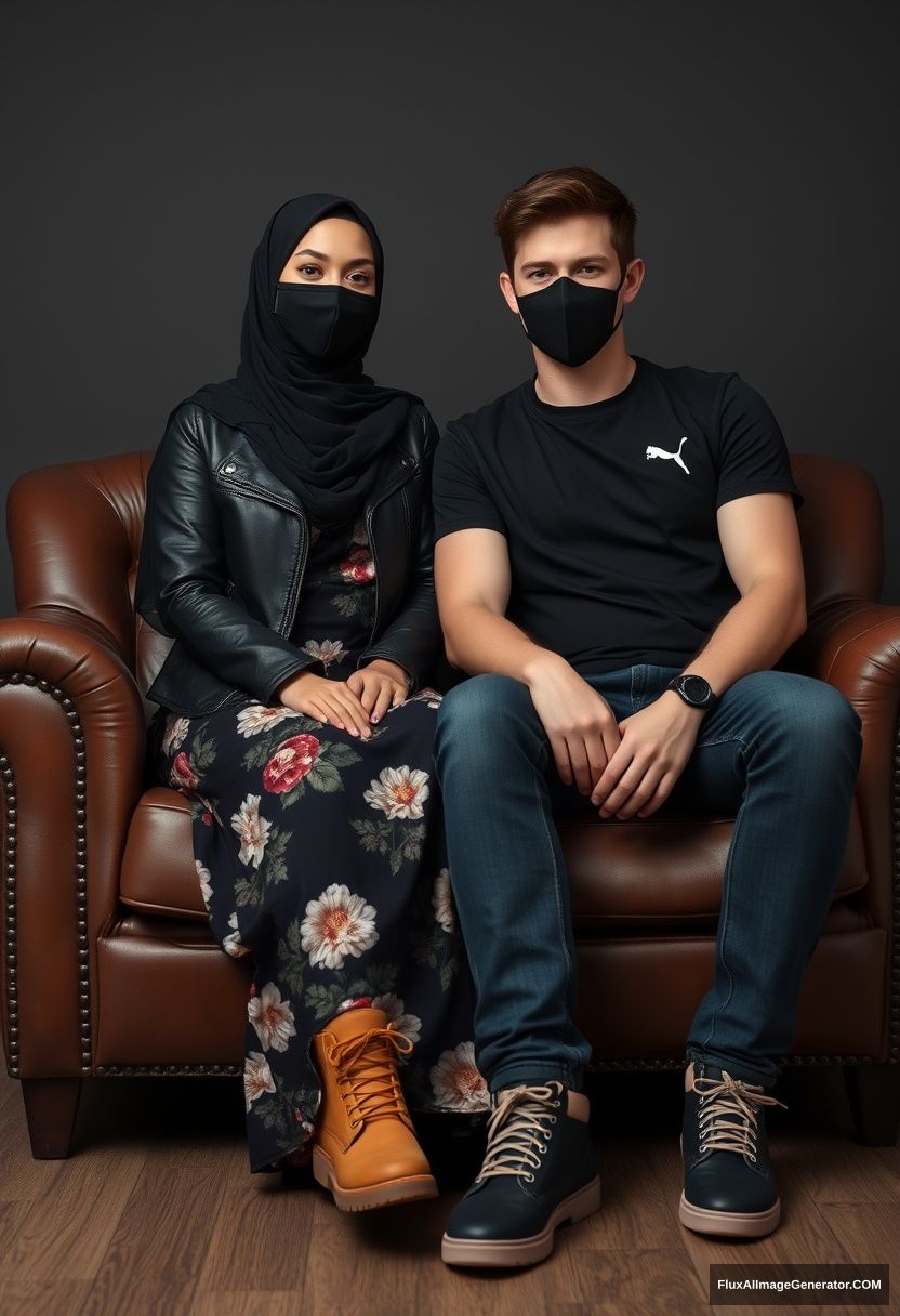 A biggest black hijab girl, slim girl, beautiful eyes, face mask black, black leather jacket, biggest floral long dress, Timberland boots, sitting on a leather single wing sofa,

Jamie Dornan, youngest, puma black T-shirt, jeans, black leather sneakers, tall man, face mask black, fit body, sitting near her,

hyper-realistic, studio photography. - Image