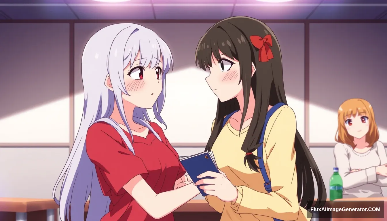 Two girls blush and coyly embrace, looking into each other's eyes, as they're unexpectedly put into a study group together.