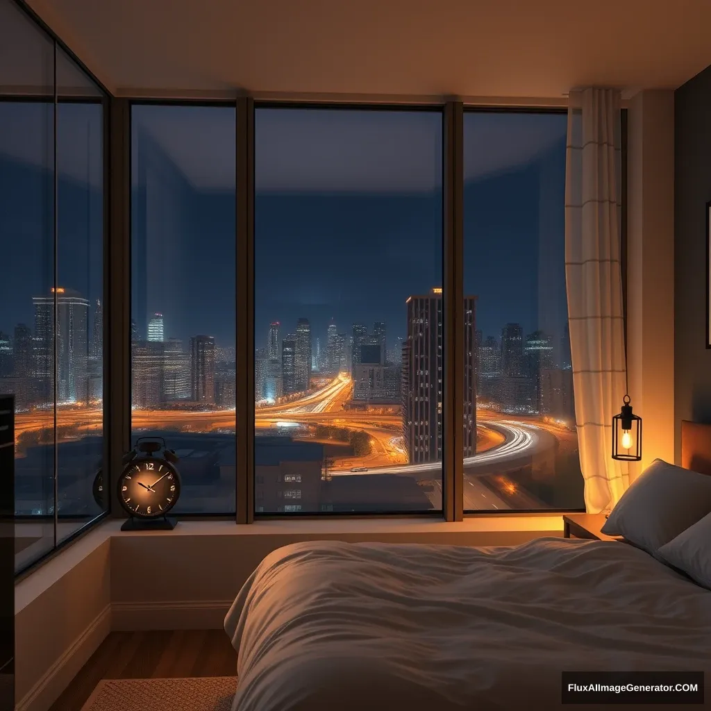 Glass window bedroom modern apartment, lantern lighting, night scenery, 2:00 am on the clock at the desk behind the bed, hyper-realistic, photorealistic.