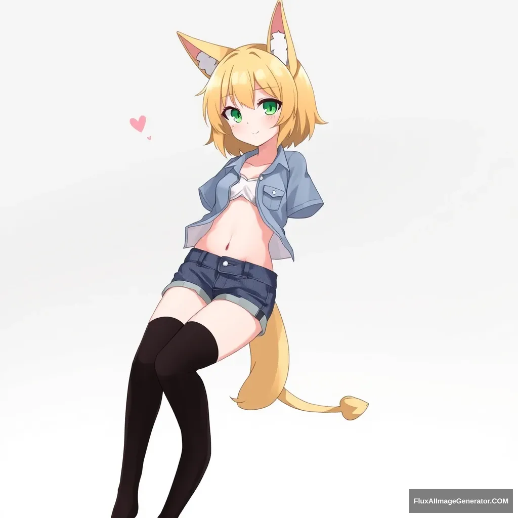 1 girl, ahoge, animal ears, black legwear, blonde hair, clothes lift, denim shorts, green eyes, looking at viewer, navel, open fly, shirt lift, short hair, short shorts, short sleeves, shorts, solo, tail, thigh highs.