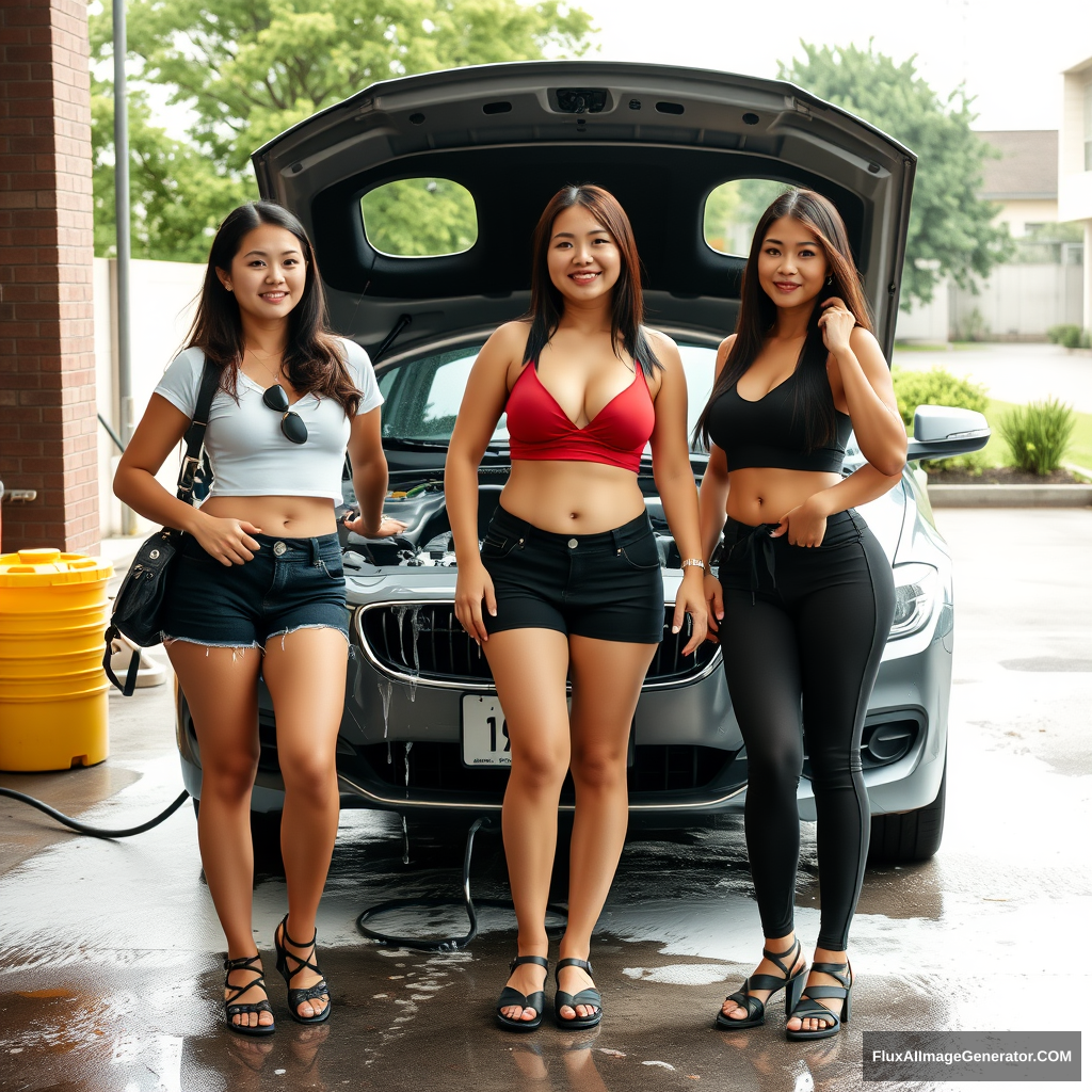 3 very large-chested Asian female college students washing a car