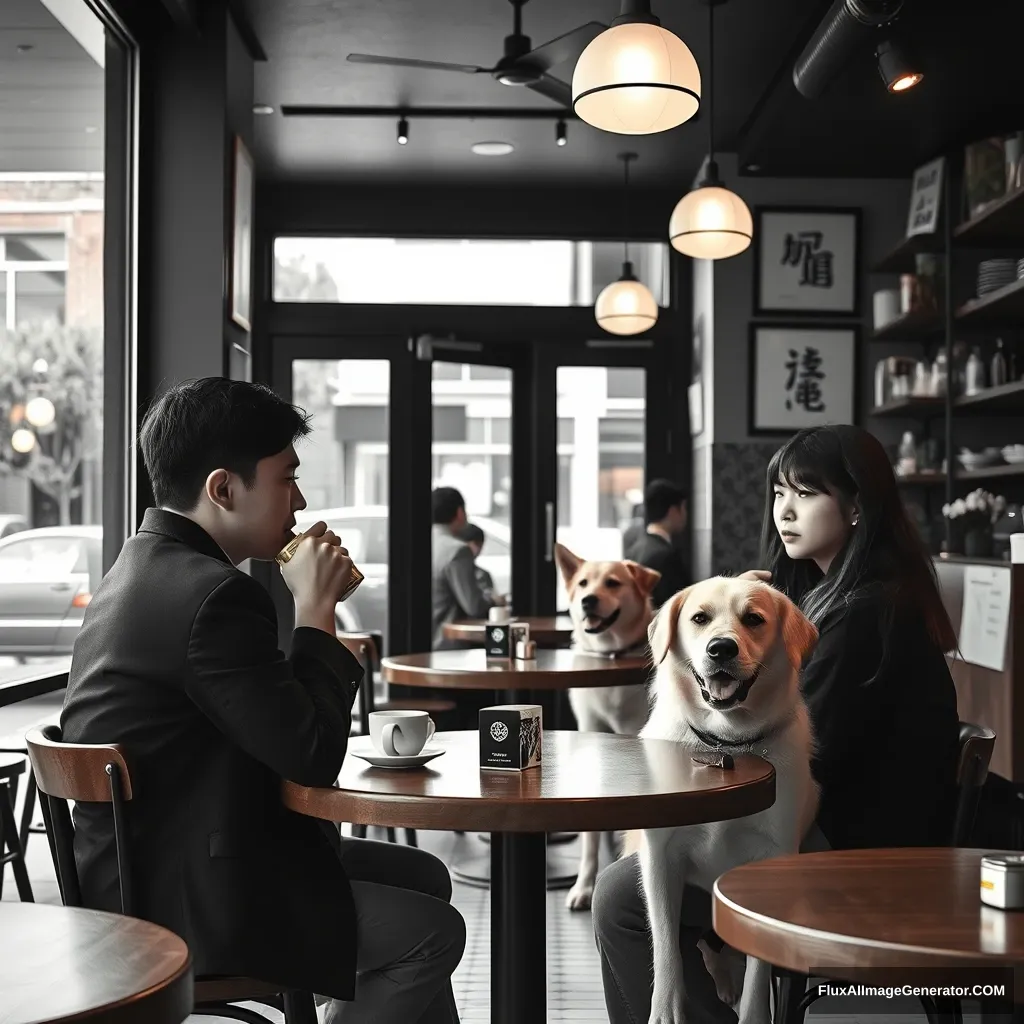 "Japan  
The café interior combines black and white,  
and Americans are drinking coffee along with dogs."