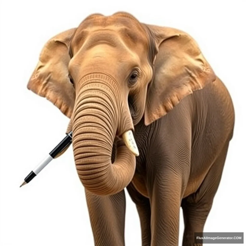 Create a realistic photo: An Asian elephant stands in front of a white background and holds a pen with its trunk. - Image