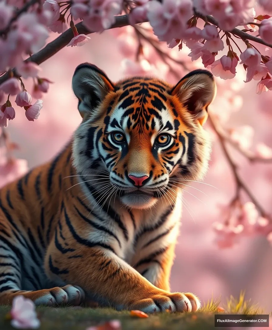 Digital art of a beautiful tiger cub under a cherry blossom tree, fantasy art, soft, romantic realism, hyper quality, high detail, high resolution, intricate, exquisite details and textures, sharp focus, high resolution, detailed eyes, 8k uhd, Nikon d850, high quality, film grain, hyper-realistic skin (detailed skin: 1.3). - Image