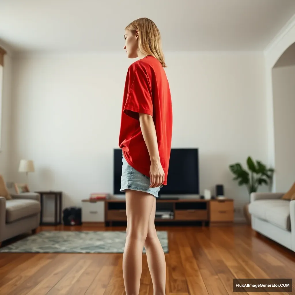 Side view of a young blonde skinny woman in her early twenties in a large living room, wearing an oversized red polo t-shirt that is slightly off balance on one shoulder. The bottom part of her t-shirt is tucked in. She is also wearing small light blue denim shorts and no shoes or socks, facing her TV with both arms hanging straight down.