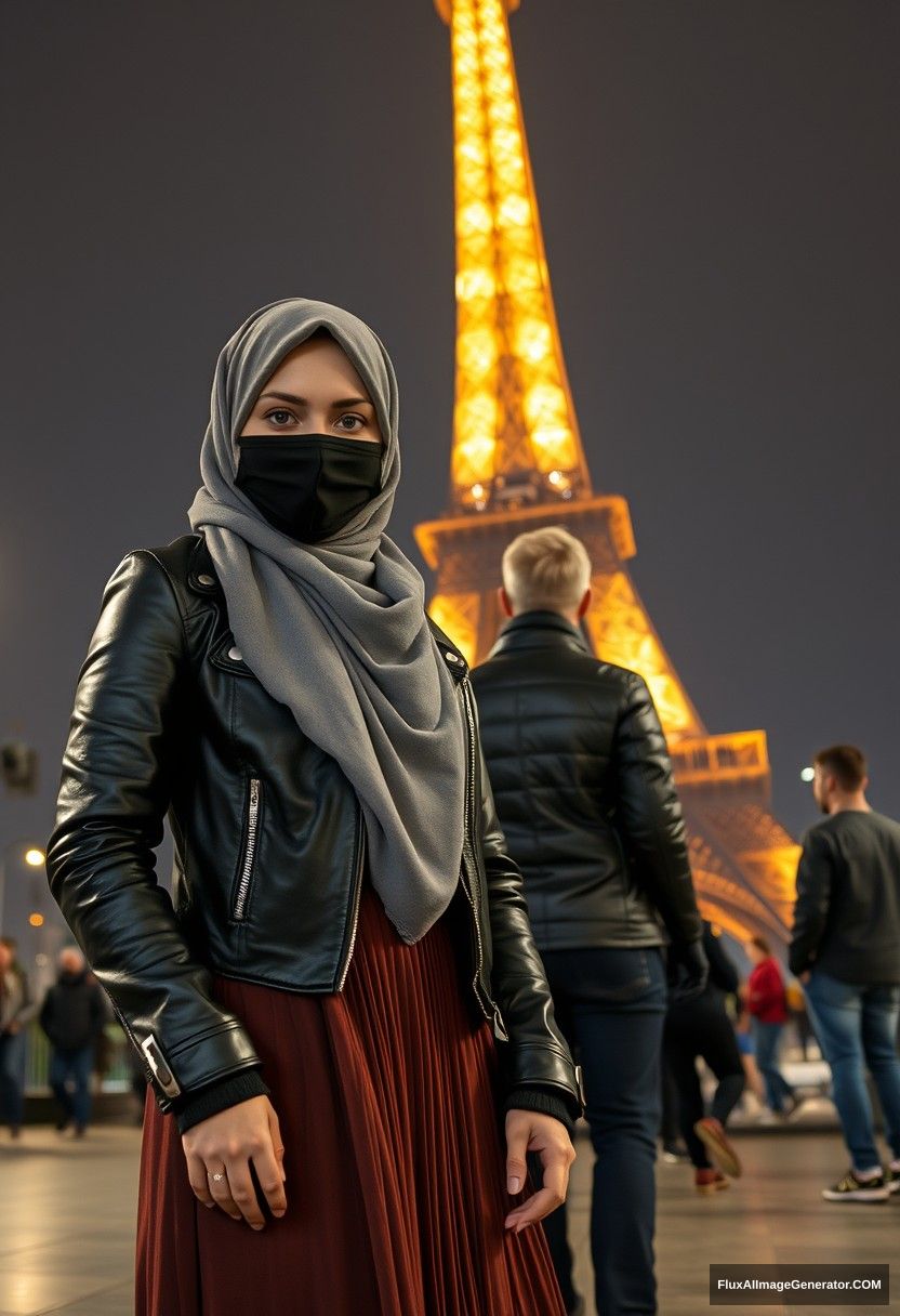 Biggest grey hijab Muslim girl, beautiful eyes, black face mask, leather jacket, biggest longest skirt, standing near the Eiffel Tower, with Jamie Dornan, leather jacket, jeans, night scenery, strangers back, hyper-realistic, photorealistic, selfie, full photography. - Image