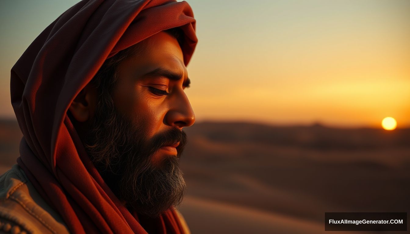 Tamim ad-Dari in deep thought and prayer, reflecting his journey from a non-Muslim to a devout follower of Islam. The background is a serene desert landscape at sunset. Ultra HD, realistic, spiritual, with warm and cinematic lighting.