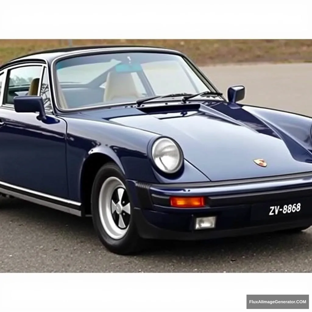 Porsche 911 SC coupe 1977 in dark petrol blue with silver cookie cutter wheels. The car has no spoiler. Registration plate is ZV 8888.