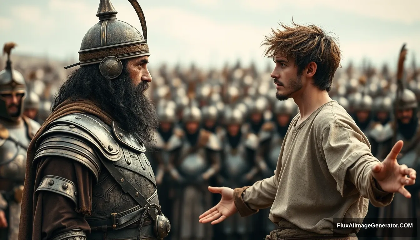 Create an image of two men standing apart and arguing while onlookers crowd around. The man on the right is a young man with messy, unkempt hair and a short beard, wearing just a simple biblical-era shepherd’s tunic. He has a serious expression, looking intently at the left eye of the man he is arguing with, his arms stretched out to the sides and a serious look on his face. The king has a black beard and is dressed in a full suit of Bronze Age Mesopotamian armor, complete with laminated strips of bronze and a conical helmet with a pointed tip. The background shows a blurred crowd of soldiers also outfitted in armor similar to the king's. Standing on the horizon further back is a blurred front of a large biblical-era army. The overall mood of the image is one of anxiety and concern. - Image