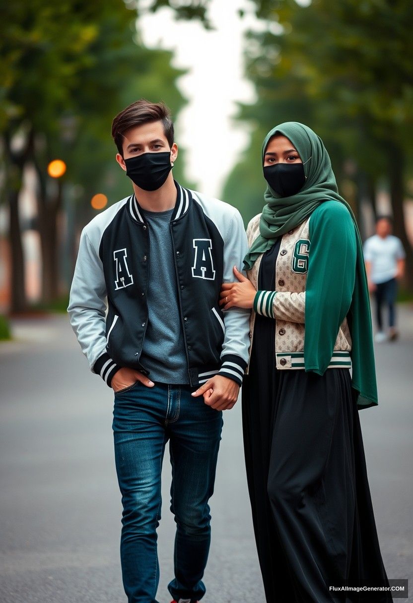 Jamie Dornan, young, wearing a black face mask, a collage jacket with a capital A, jeans, and red sneakers, on a romantic date with a beautiful Muslim girl in a green hijab, who has stunning eyes, also wearing a black face mask, a college jacket, and the largest longest skirt, paired with high-top sneakers, and not tall. The style is photorealistic and resembles street photography, full photography.