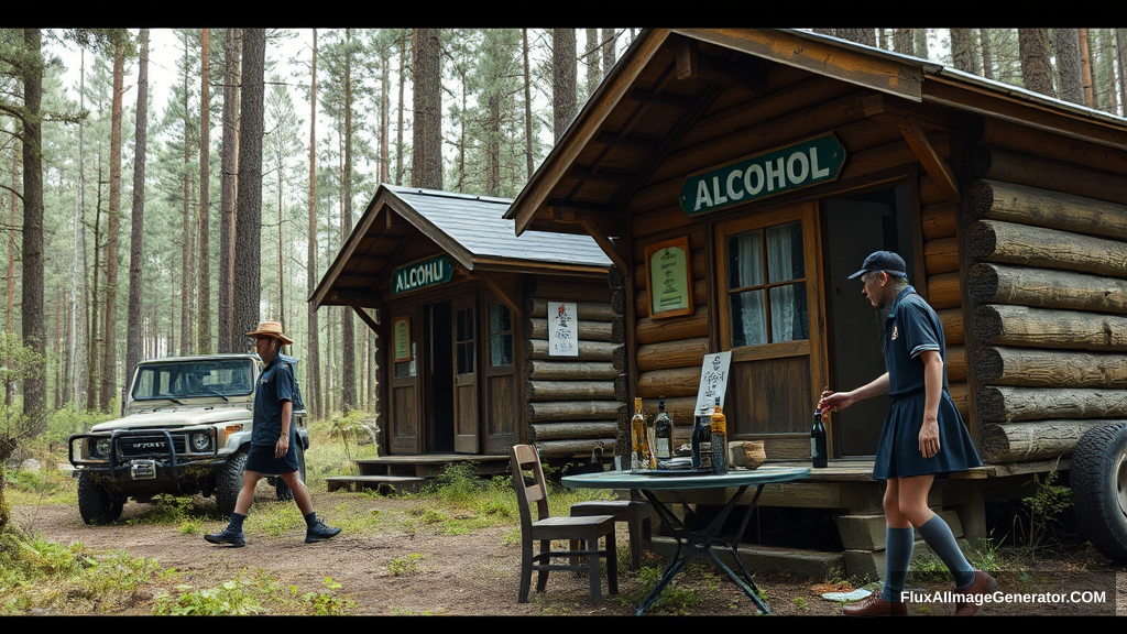 Real-life photography, wide shot: In the forest, there are two wooden cabins selling alcohol, and a dressed zombie comes to buy some. Next to the cabin, there is one table and two chairs, with a zombie wearing a hat sitting and drinking. There is also an abandoned off-road vehicle nearby, covered in moss and weeds. A Japanese female student wearing a school uniform skirt walks by.