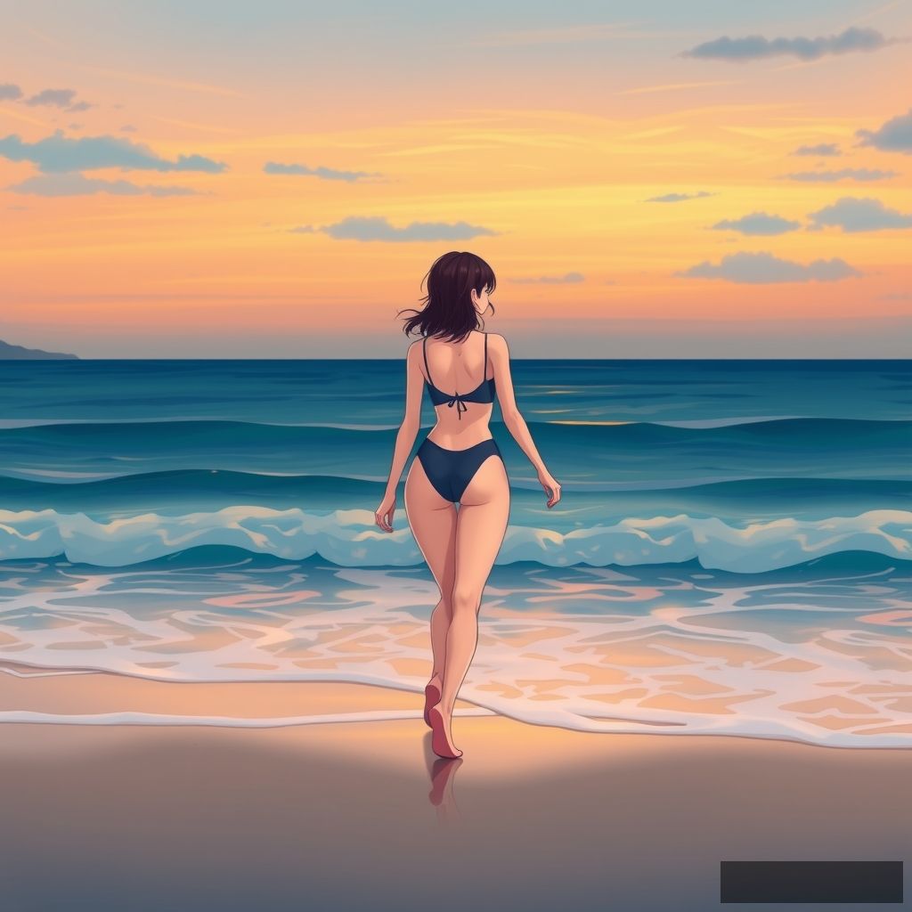 A woman in a swimsuit walking by the sea, beach, dusk, Chinese, anime.