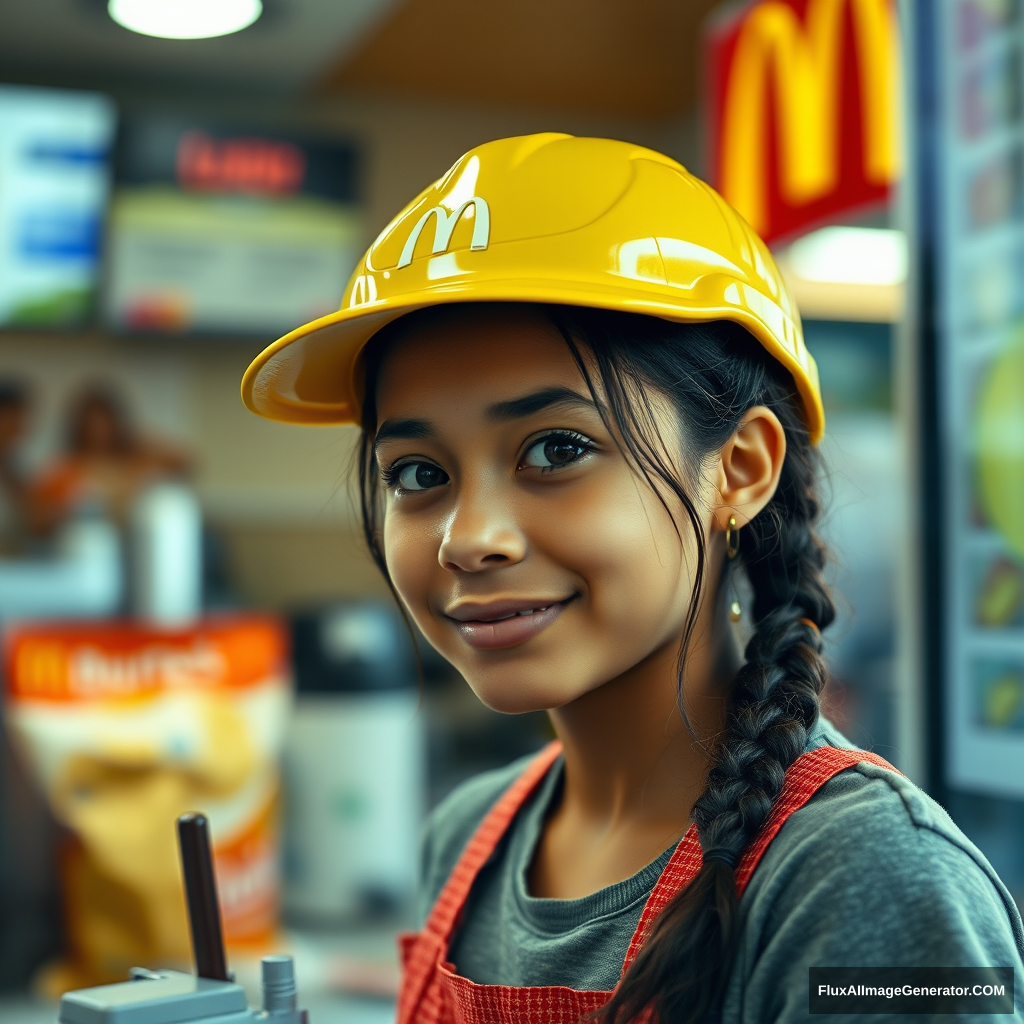 Amazonian girl working at McDonald's medium quality photo - Image